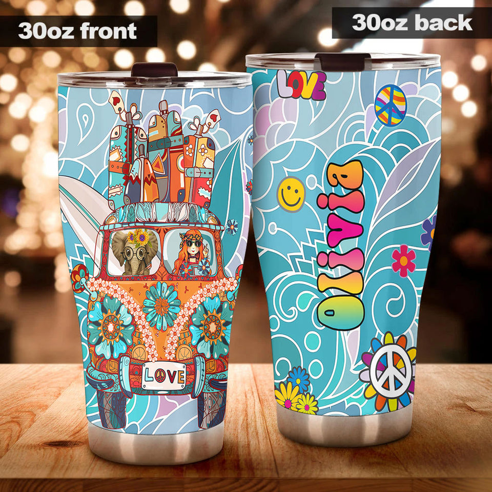 Camellia Personalized Cute Elephant And Girl In Car Hippie Style Stainless Steel Tumbler-Double-Walled Insulated Cup With Lid Travel Mug