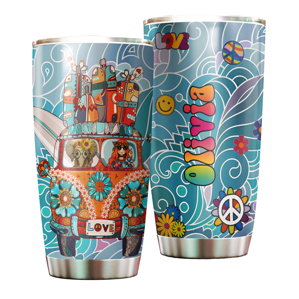 Camellia Personalized Cute Elephant And Girl In Car Hippie Style Stainless Steel Tumbler-Double-Walled Insulated Cup With Lid Travel Mug