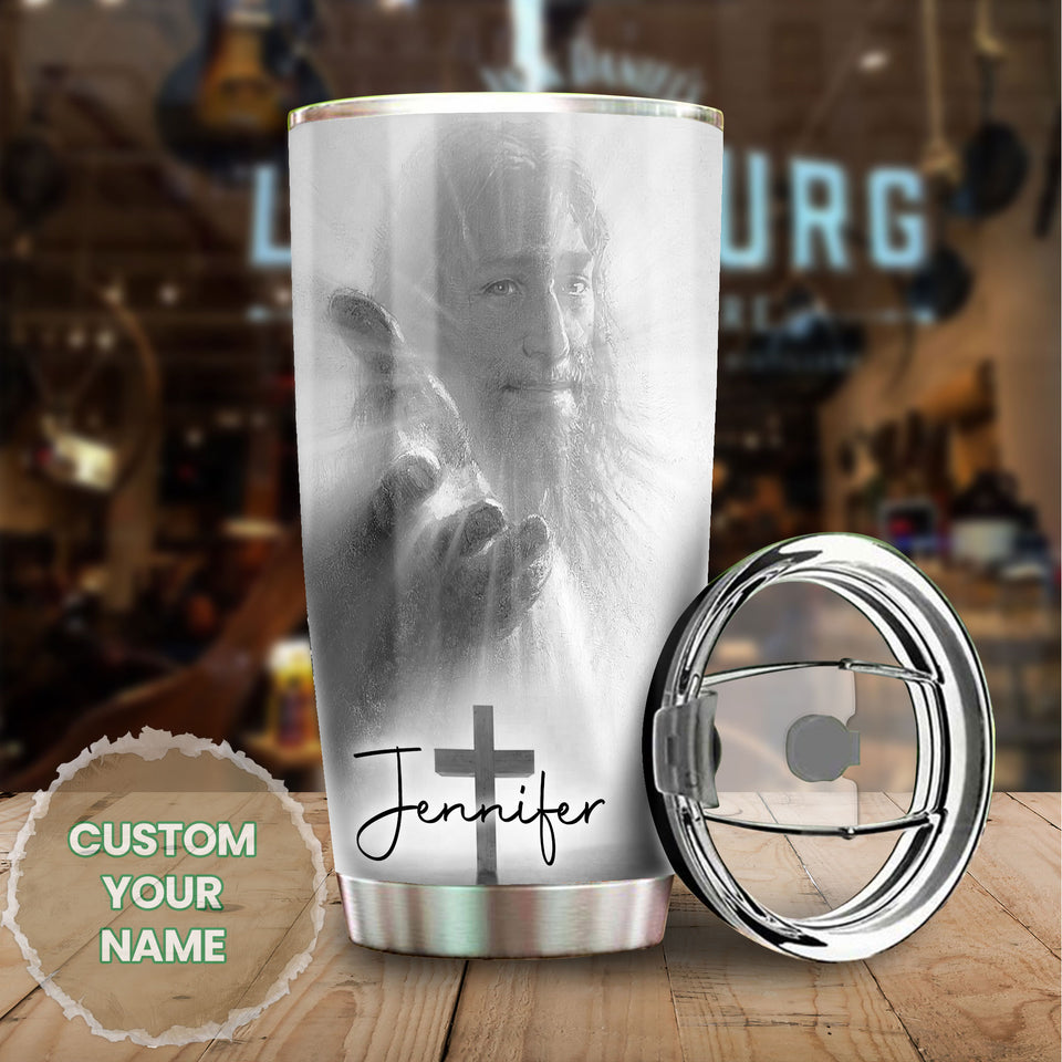 Camellia Personalized Faith Jesus Right Hand Steel Tumbler- Wall Insulated Cup With Lid Travel Mug 02