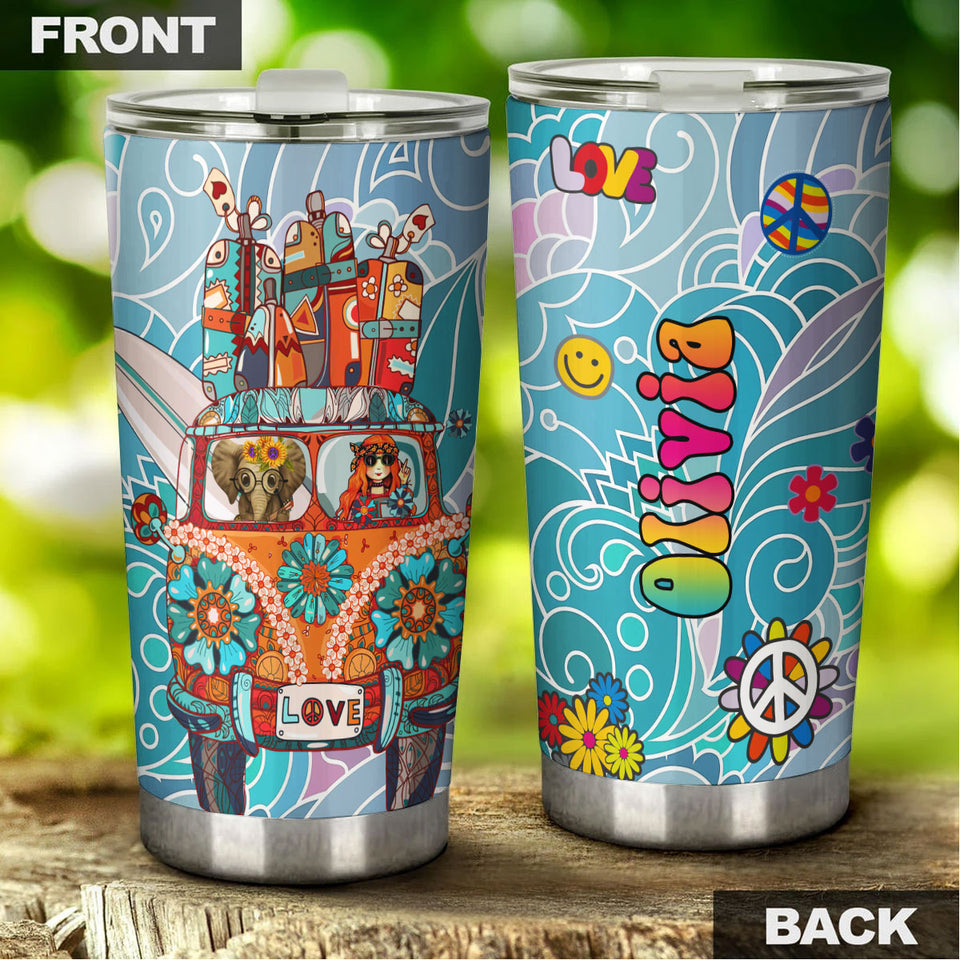 Camellia Personalized Cute Elephant And Girl In Car Hippie Style Stainless Steel Tumbler-Double-Walled Insulated Cup With Lid Travel Mug