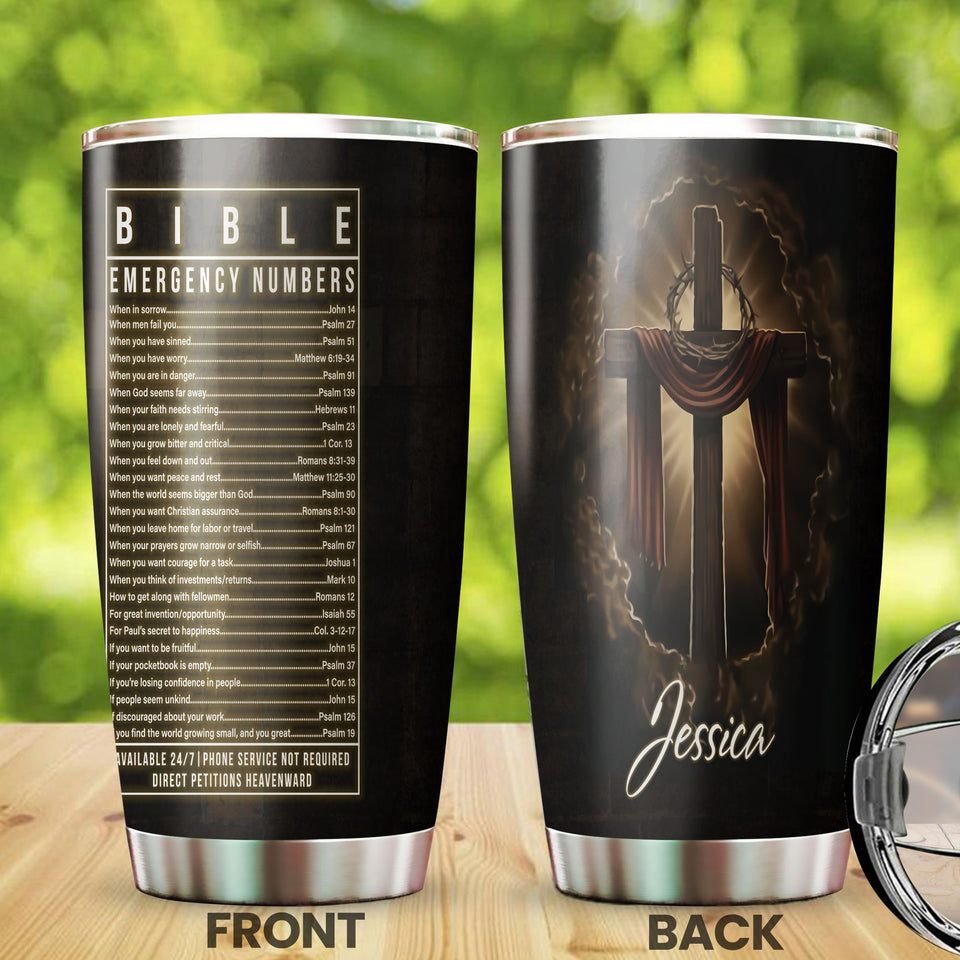 Camellia Personalized  Bible Emergency Numbers Stainless Steel Tumbler - Customized Double-Walled Insulation Travel Thermal Cup With Lid Gift For Christian
