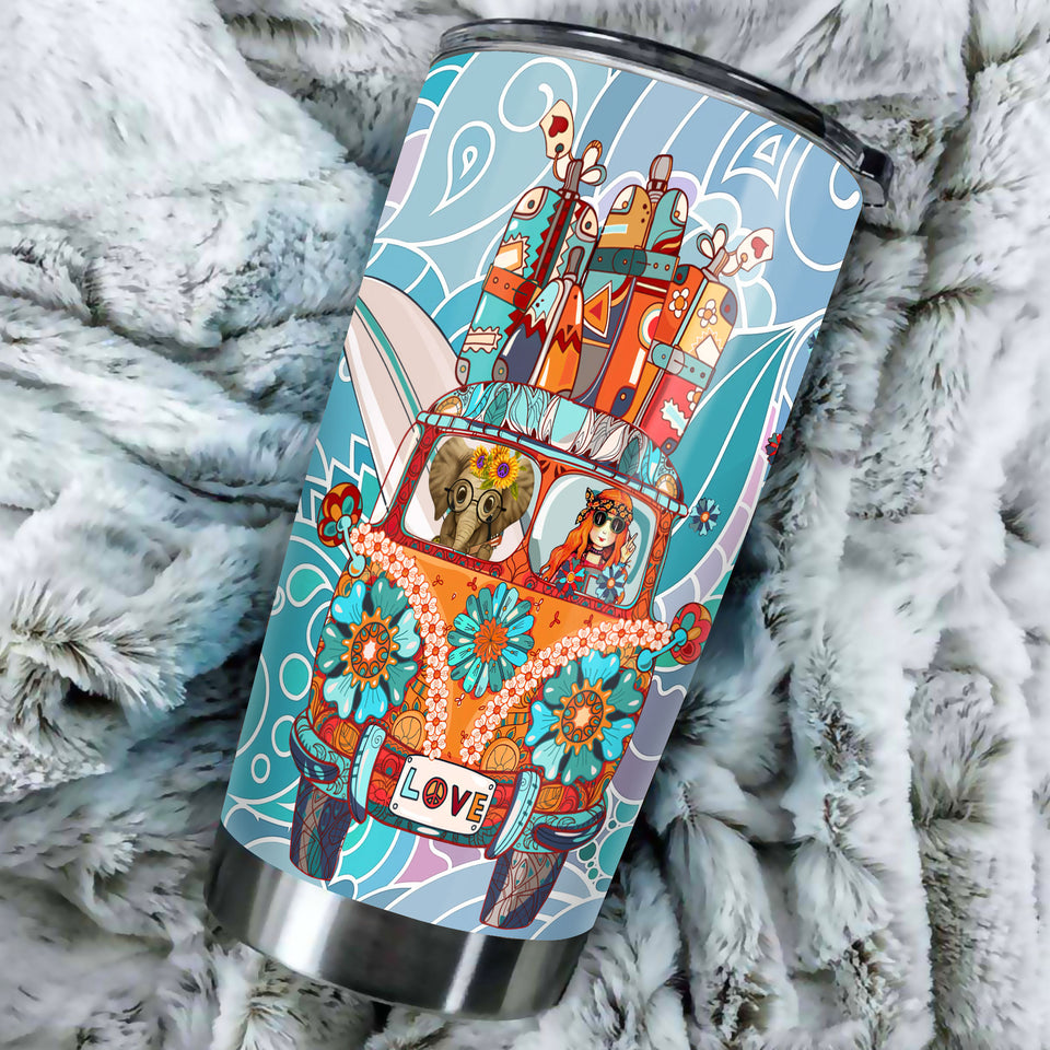 Camellia Personalized Cute Elephant And Girl In Car Hippie Style Stainless Steel Tumbler-Double-Walled Insulated Cup With Lid Travel Mug