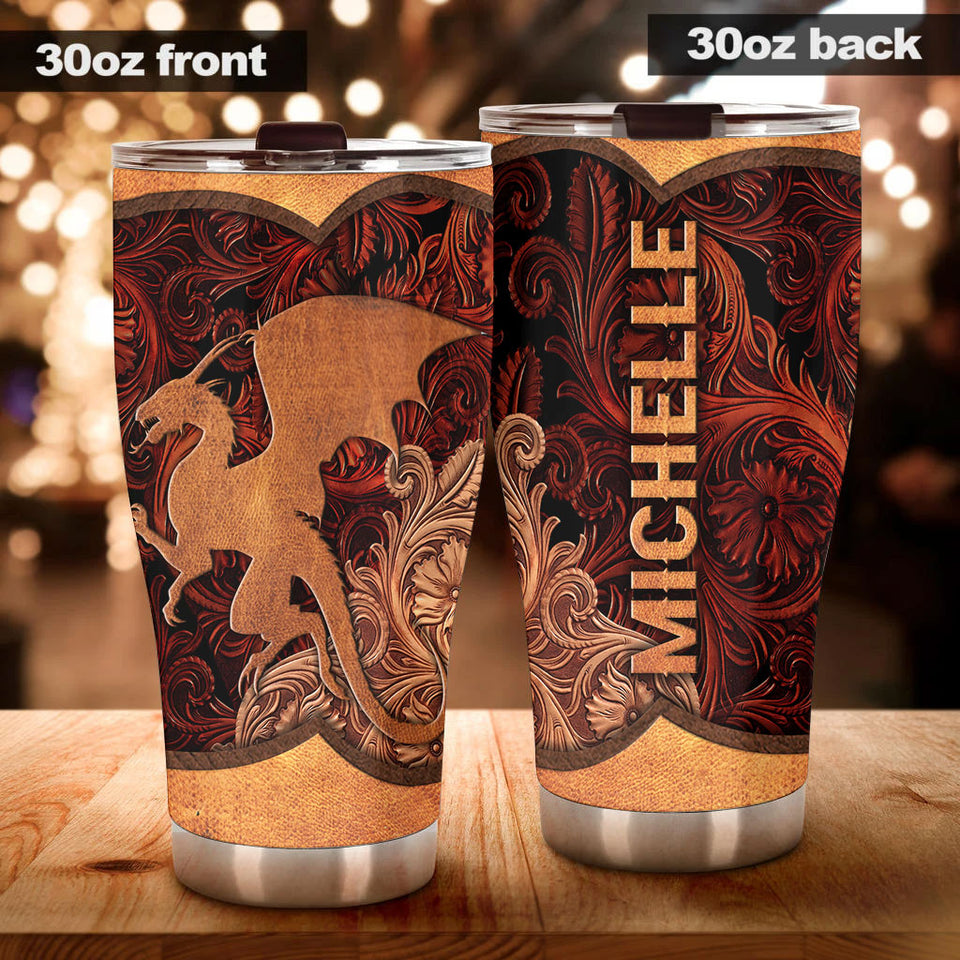 Camellia Personalized Leather Dragon Stainless Steel Tumbler - Customized Double-Walled Insulation Travel Thermal Cup With Lid Gift For Dragon Lover
