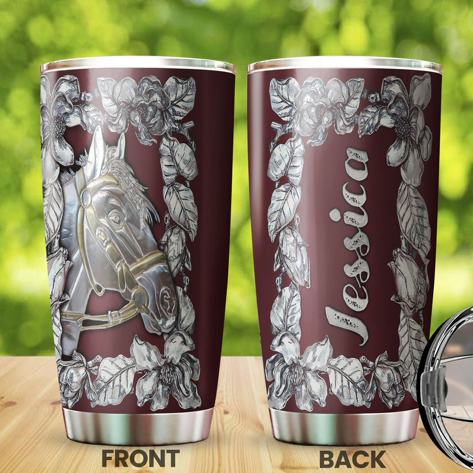 Camellia Personalized Horse Silver Style Stainless Steel Tumbler - Double-Walled Insulation Vacumm Flask - Gift For Horse Lovers, Cowgirls, Cowboys, Perfect Christmas, Thanksgiving Gift