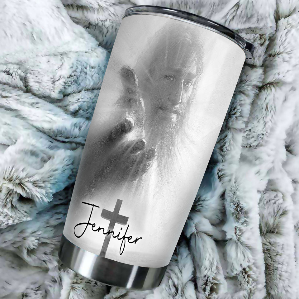 Camellia Personalized Faith Jesus Right Hand Steel Tumbler- Wall Insulated Cup With Lid Travel Mug 02