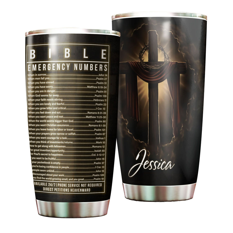Camellia Personalized  Bible Emergency Numbers Stainless Steel Tumbler - Customized Double-Walled Insulation Travel Thermal Cup With Lid Gift For Christian