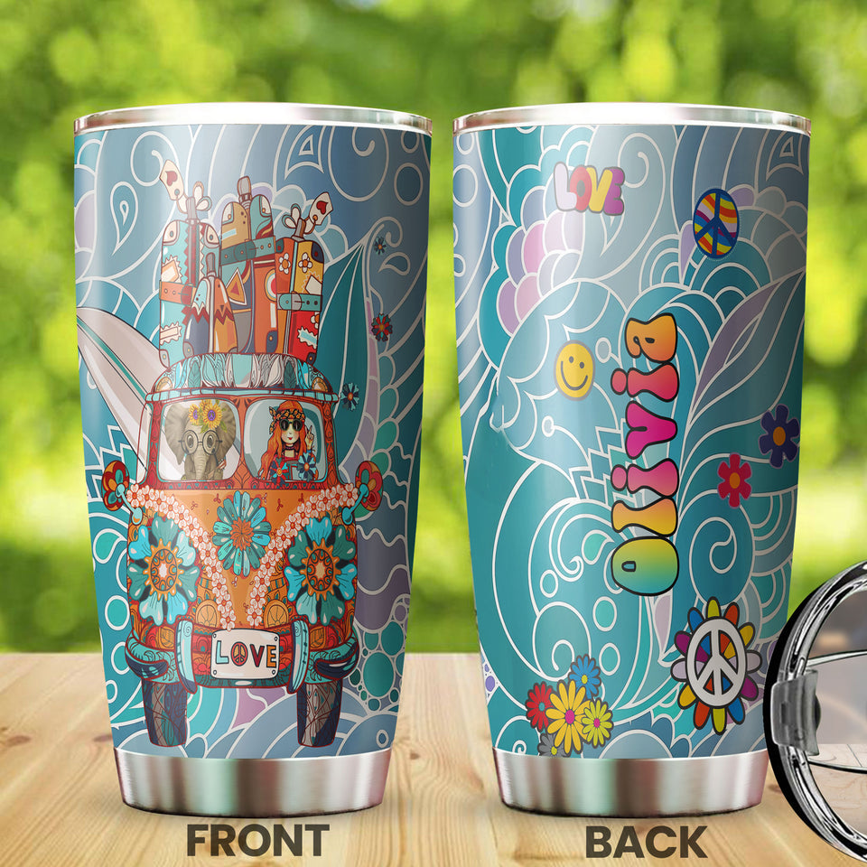 Camellia Personalized Cute Elephant And Girl In Car Hippie Style Stainless Steel Tumbler-Double-Walled Insulated Cup With Lid Travel Mug