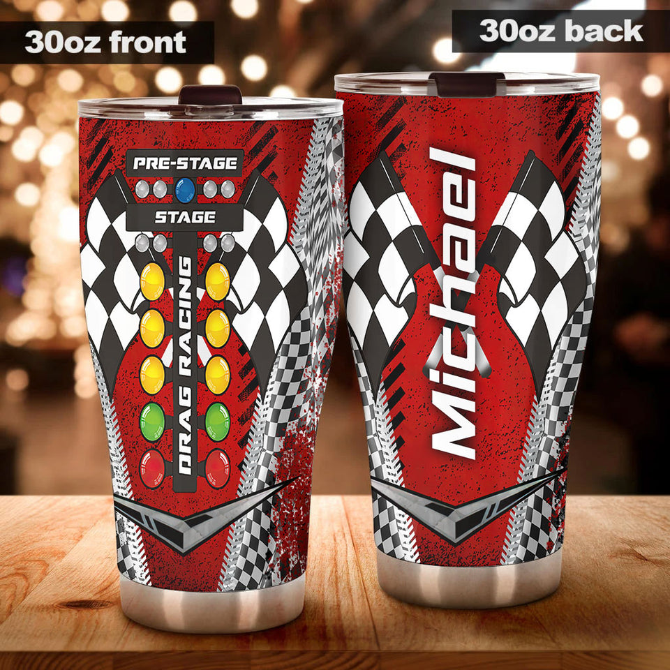 Camellia Personalized Drag Racing Stainless Steel Tumbler - Customized Double-Walled Insulation Travel Thermal Cup With Lid Gift For Racer