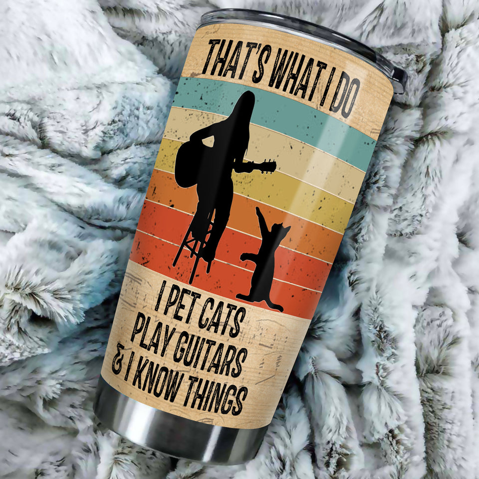 Camellia Personalized 3D Vintage Woman Pets Cats Play Guitar And Know Things Stainless Steel Tumbler - Customized Double-Walled Insulation Thermal Cup With Lid Gift For Guitarist