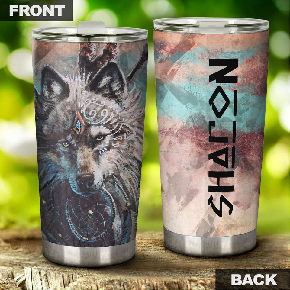 Camellia Persionalized 3D Wolf Dreamcatcher Stainless Steel Tumbler - Customized Double - Walled Insulation Travel Thermal Cup With Lid Gift For Wolf Lover