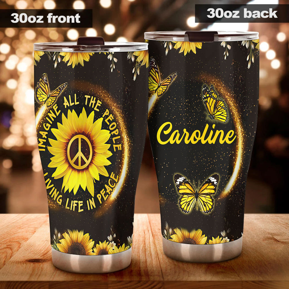 Camellia Personalized Hippie Sunflowers Imagine All The People Living Life In Peace Stainless Steel Tumbler-Double-Walled Insulation Travel Cup With Lid