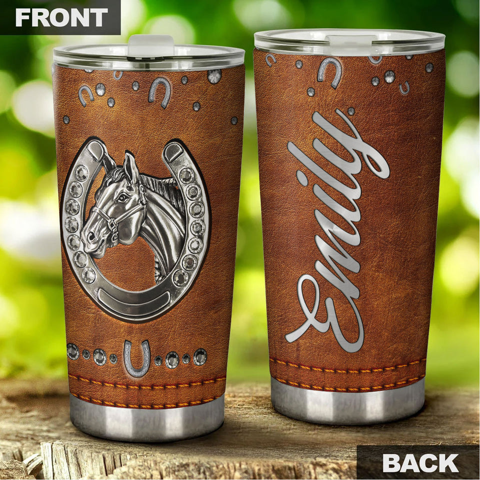 Camellia Personalized Horse Jewelry Leather Style Stainless Steel Tumbler - Double-Walled Insulation Vacumm Flask - Gift For Horse Lovers, Cowgirls, Cowboys, Perfect Christmas, Thanksgiving Gift