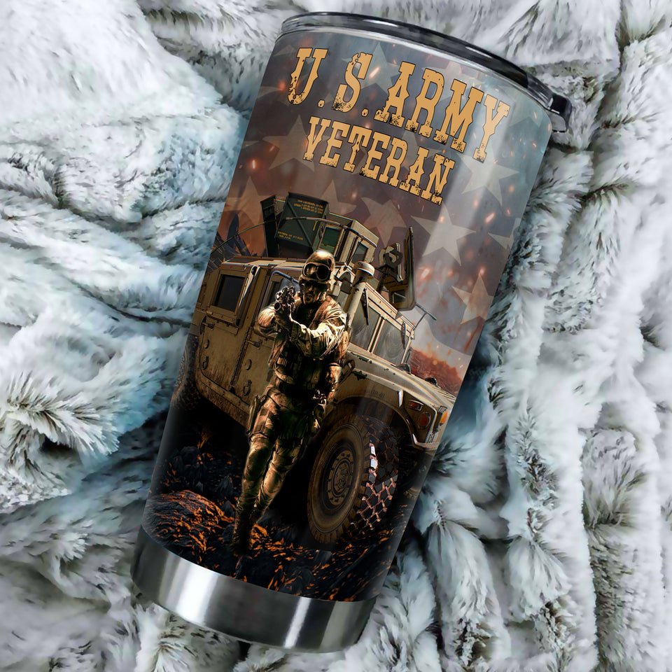 Camellia Personalized 3D American Army Veteran Stainless Steel Tumbler - Customized Double-Walled Insulation Thermal Cup With Lid