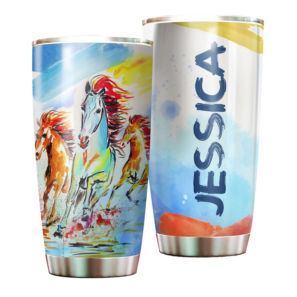 Camellia Personalized Horse Painting Art Stainless Steel Tumbler - Double-Walled Insulation Vacumm Flask - Gift For Horse Lovers, Cowgirls, Cowboys, Perfect Christmas, Thanksgiving Gift