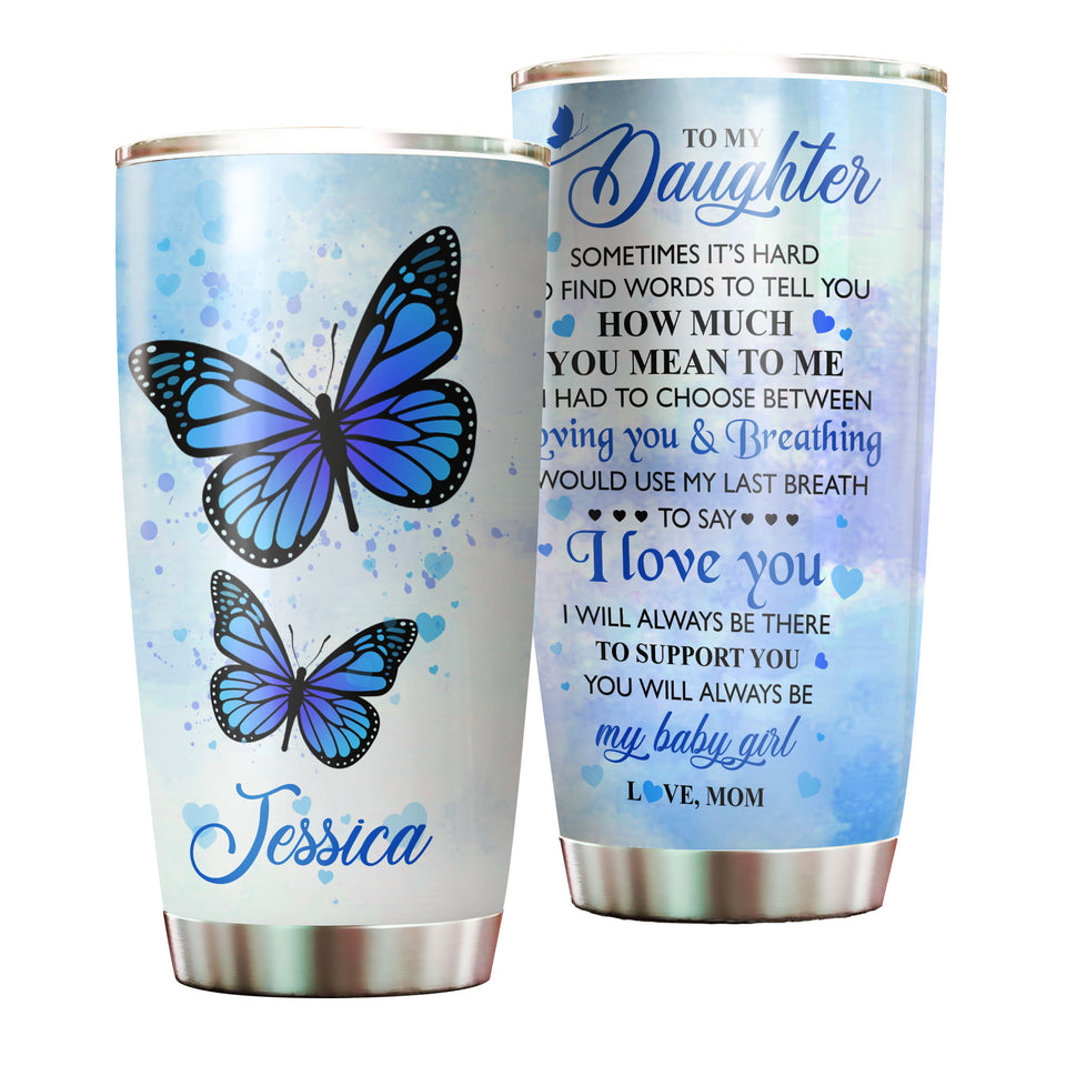 Camellia Personalized Blue Butterfly Mom To Daughter Stainless Steel Tumbler - Double-Walled Insulation Vacumm Flask - Gift For Thanksgiving, Memorial Day, Daughter's Birthday