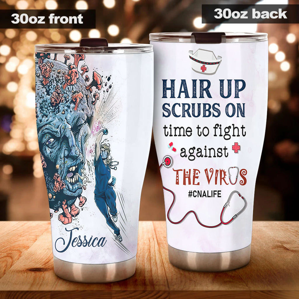 Camellia Personalized Doctor Hair Up Scrups On Time To Fight Against The Virus Stainless Steel Tumbler - Customized Double-Walled Insulation Travel Thermal Cup With Lid