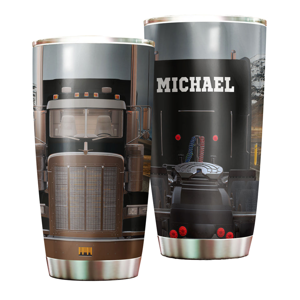 Camellia Personalized Black Truck Stainless Steel Tumbler - Double-Walled Insulation Vacumm Flask - Gift For Truck Drivers