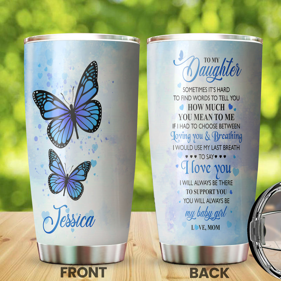 Camellia Personalized Blue Butterfly Mom To Daughter Stainless Steel Tumbler - Double-Walled Insulation Vacumm Flask - Gift For Thanksgiving, Memorial Day, Daughter's Birthday
