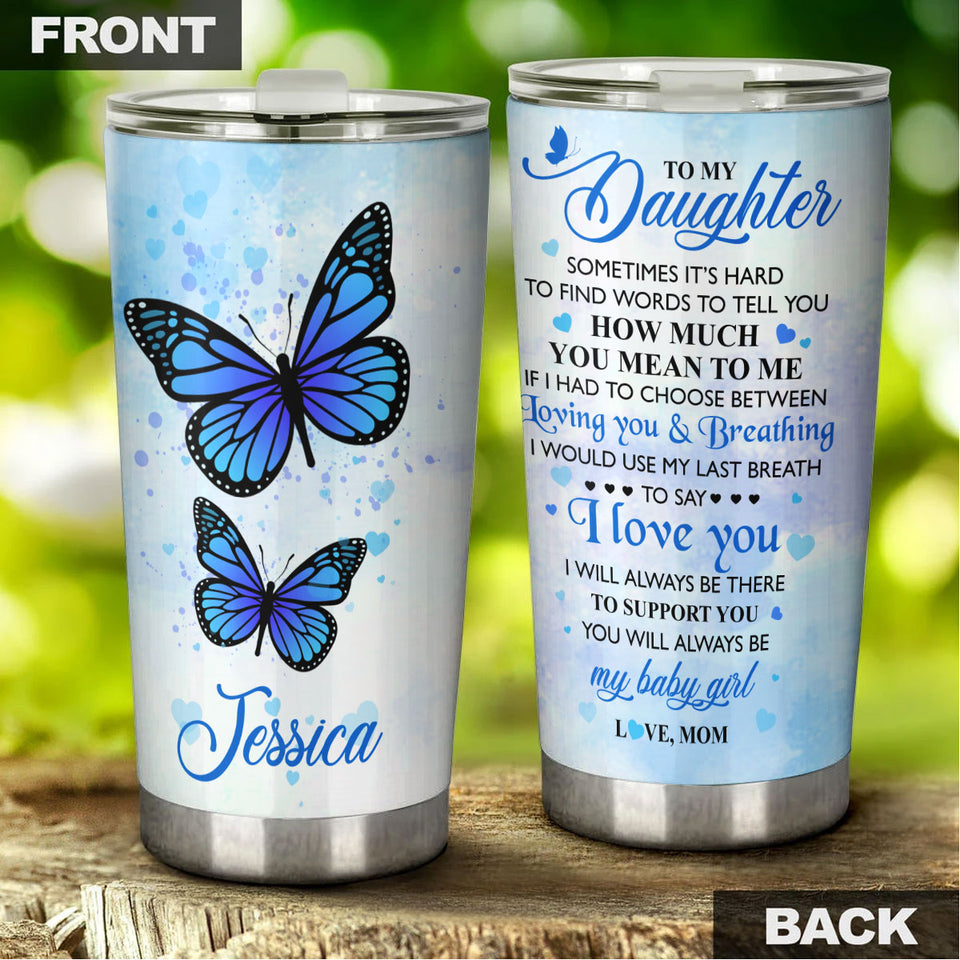 Camellia Personalized Blue Butterfly Mom To Daughter Stainless Steel Tumbler - Double-Walled Insulation Vacumm Flask - Gift For Thanksgiving, Memorial Day, Daughter's Birthday