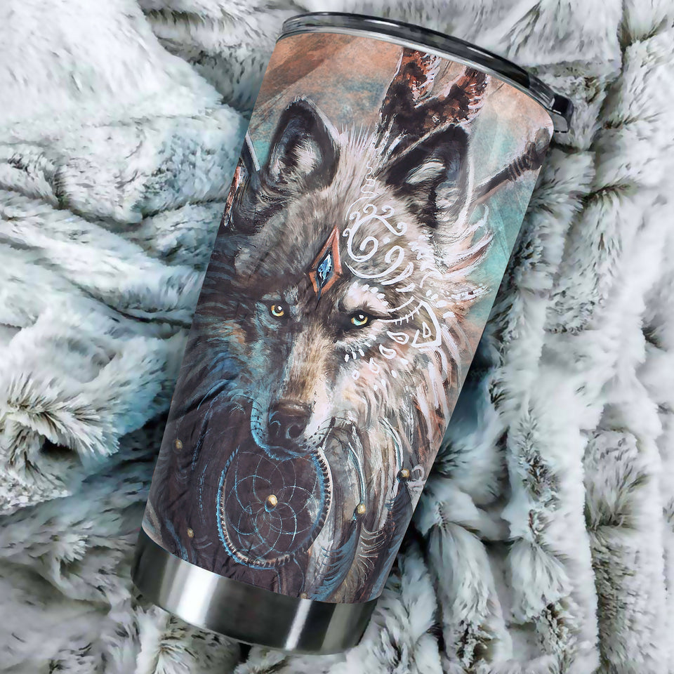 Camellia Persionalized 3D Wolf Dreamcatcher Stainless Steel Tumbler - Customized Double - Walled Insulation Travel Thermal Cup With Lid Gift For Wolf Lover