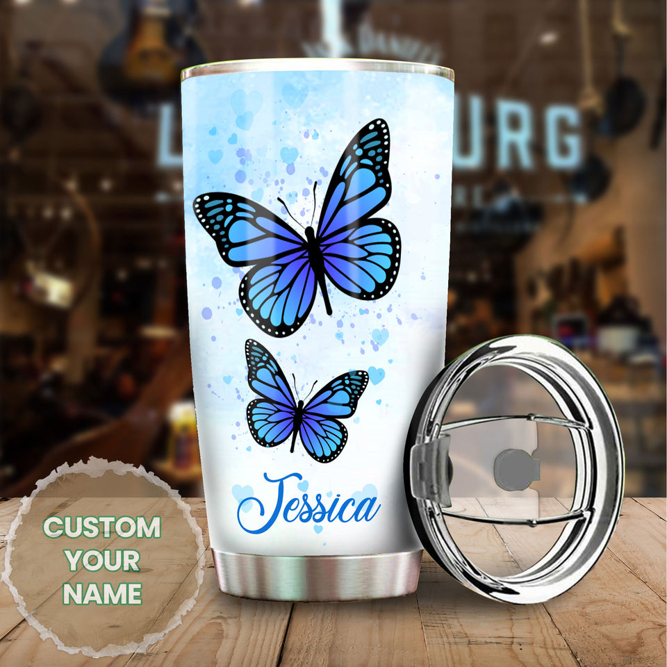 Camellia Personalized Blue Butterfly Mom To Daughter Stainless Steel Tumbler - Double-Walled Insulation Vacumm Flask - Gift For Thanksgiving, Memorial Day, Daughter's Birthday
