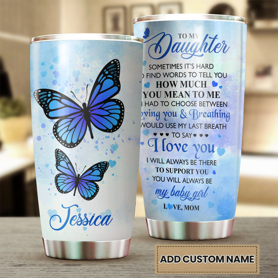 Camellia Personalized Blue Butterfly Mom To Daughter Stainless Steel Tumbler - Double-Walled Insulation Vacumm Flask - Gift For Thanksgiving, Memorial Day, Daughter's Birthday