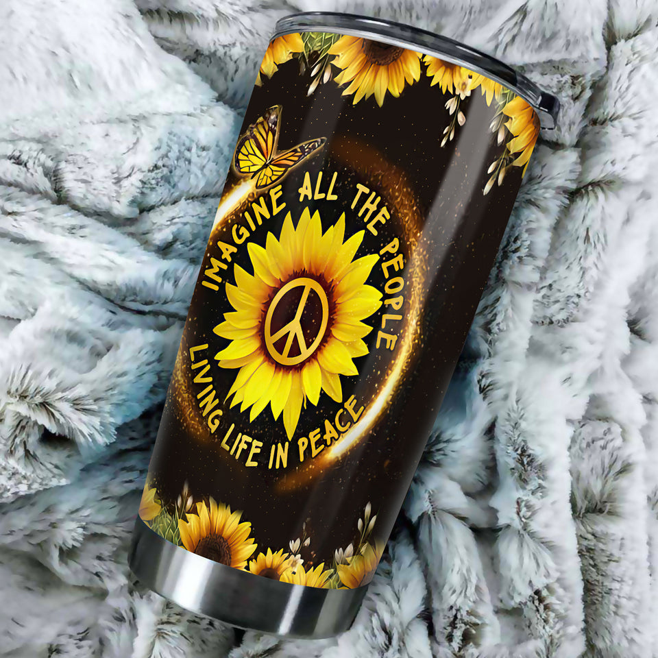 Camellia Personalized Hippie Sunflowers Imagine All The People Living Life In Peace Stainless Steel Tumbler-Double-Walled Insulation Travel Cup With Lid