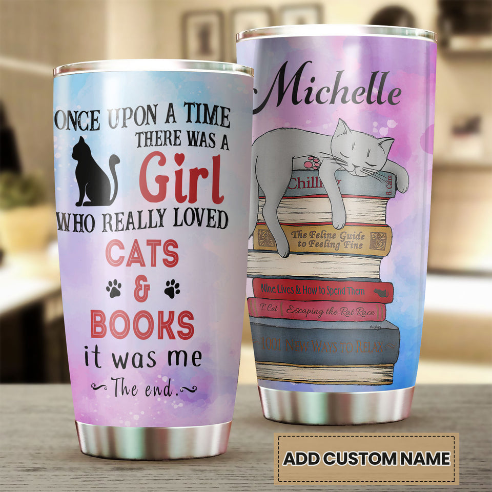 Camellia Personalized Once Upon A Time There Was A Girl Who Really Loved Book And Cat Stainless Steel Tumbler - Double-Walled Insulation Vacumm Flask - Gift For Book Lovers, Nerd, Cat Lovers