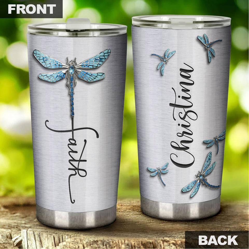 Camellia Personalized Dragonfly Faith Stainless Steel Tumbler - Customized Double-Walled Insulation Travel Thermal Cup With Lid Gift For Dragonfly Lover