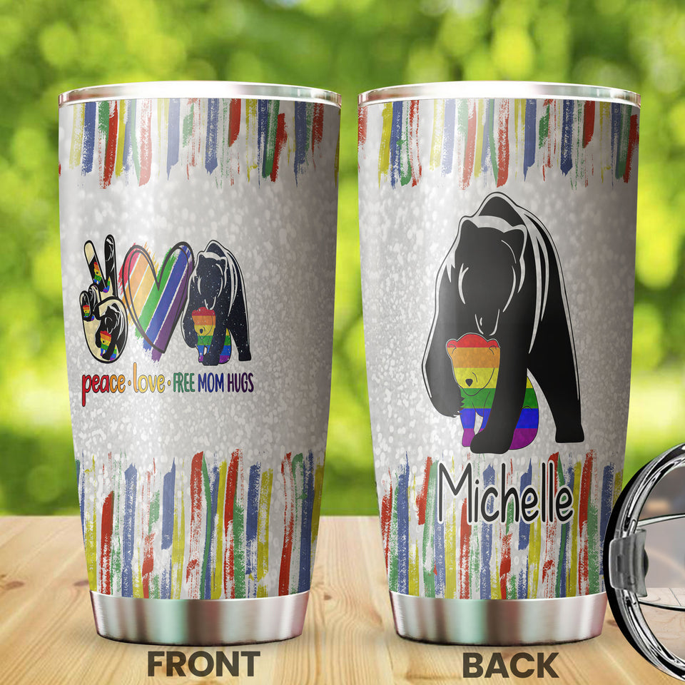 Camellia Persionalized LGBT Bear Peace Love Free Mom Hugs Stainless Steel Tumbler - Customized Double - Walled Insulation Travel Thermal Cup With Lid