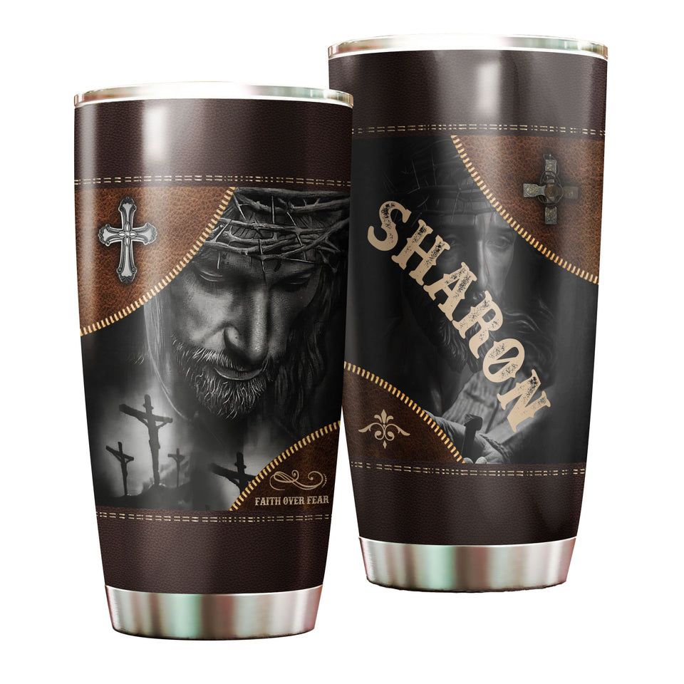 Camellia Personalized Faith Over Fear Leather Style Stainless Steel Tumbler-Double-Walled Insulation Travel Cup With Lid
