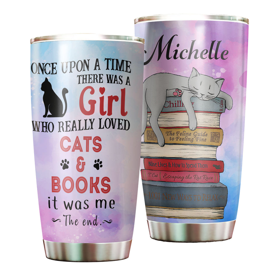 Camellia Personalized Once Upon A Time There Was A Girl Who Really Loved Book And Cat Stainless Steel Tumbler - Double-Walled Insulation Vacumm Flask - Gift For Book Lovers, Nerd, Cat Lovers
