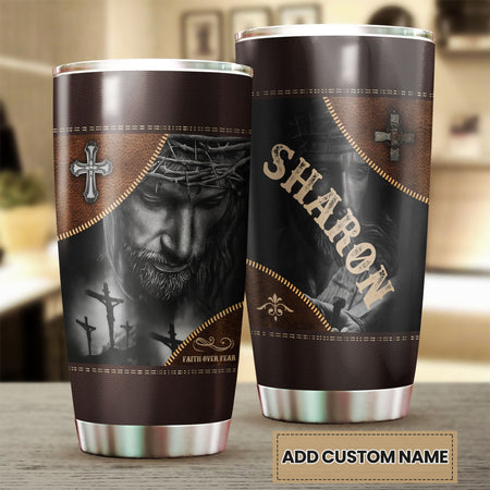 Camellia Personalized Faith Over Fear Leather Style Stainless Steel Tumbler-Double-Walled Insulation Travel Cup With Lid