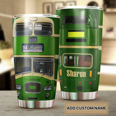Camellia Personalized 3D Green Bus Stainless Steel Tumbler - Customized Double-Walled Insulation Travel Thermal Cup With Lid