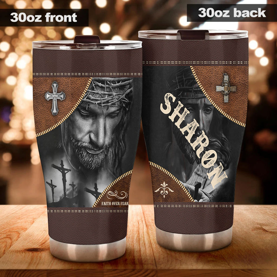Camellia Personalized Faith Over Fear Leather Style Stainless Steel Tumbler-Double-Walled Insulation Travel Cup With Lid