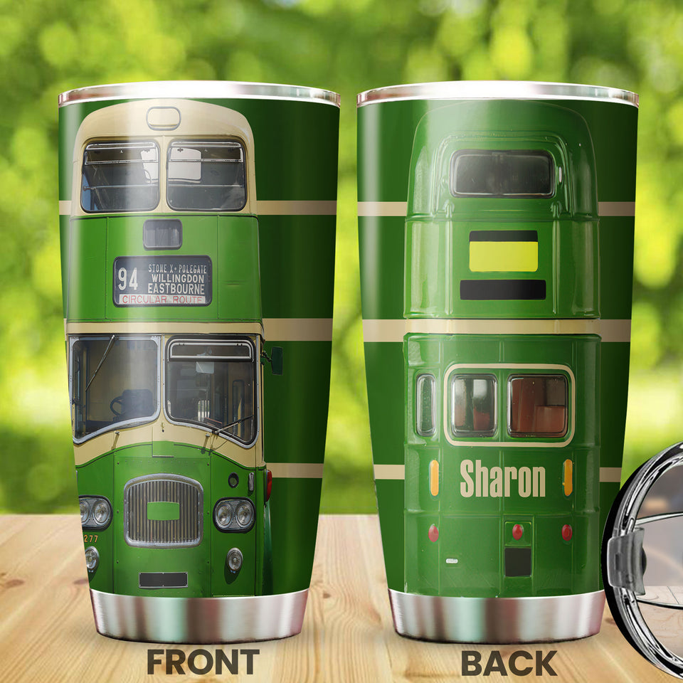 Camellia Personalized 3D Green Bus Stainless Steel Tumbler - Customized Double-Walled Insulation Travel Thermal Cup With Lid
