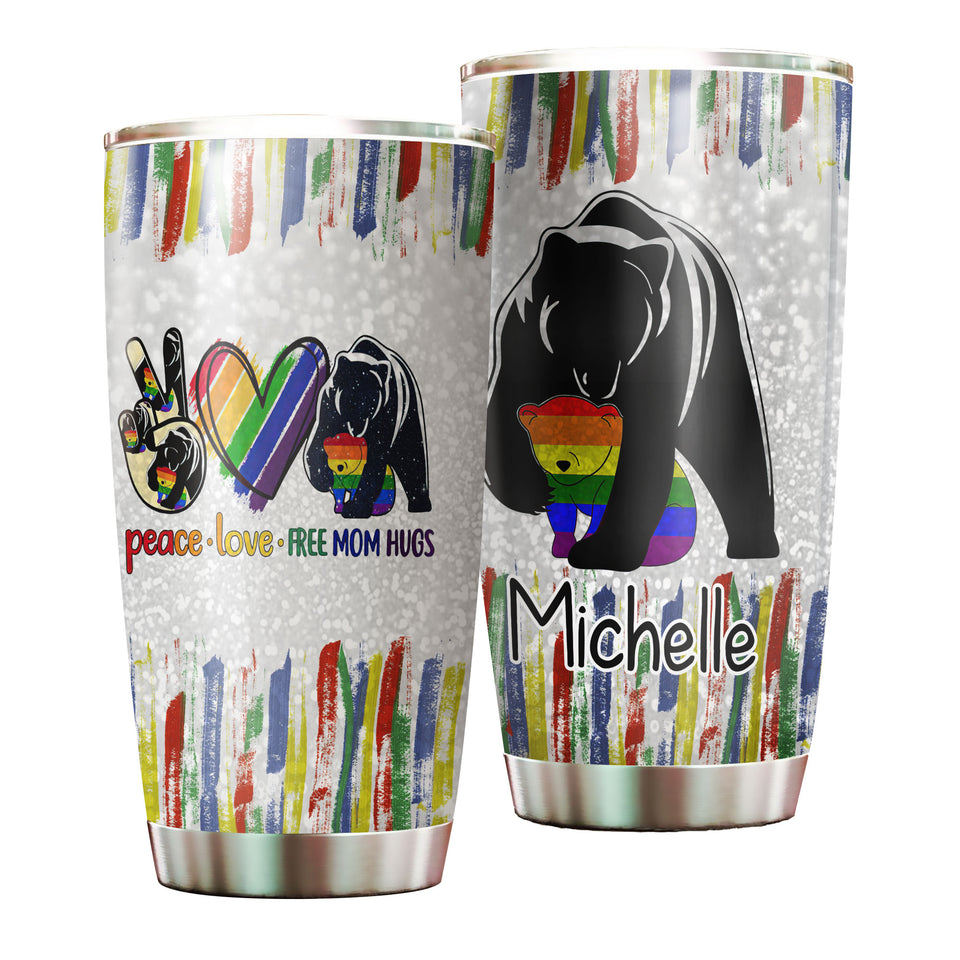 Camellia Persionalized LGBT Bear Peace Love Free Mom Hugs Stainless Steel Tumbler - Customized Double - Walled Insulation Travel Thermal Cup With Lid
