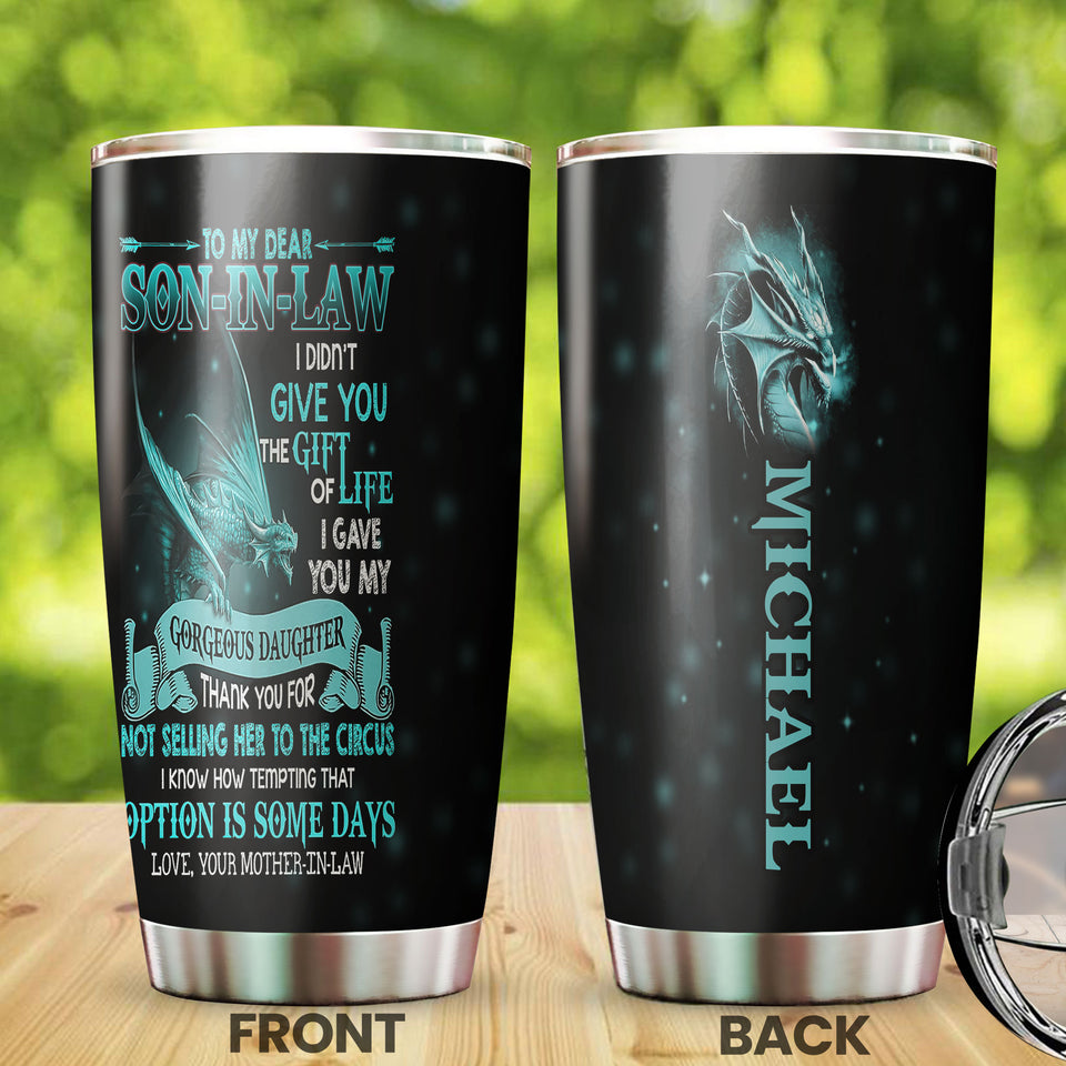 Camellia Personalized 3D Dragon To My Dear Son In Law Stainless Steel Tumbler - Customized Double-Walled Insulation Travel Thermal Cup With Lid