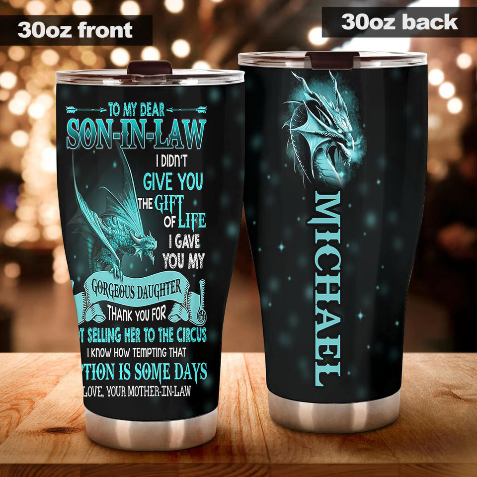 Camellia Personalized 3D Dragon To My Dear Son In Law Stainless Steel Tumbler - Customized Double-Walled Insulation Travel Thermal Cup With Lid