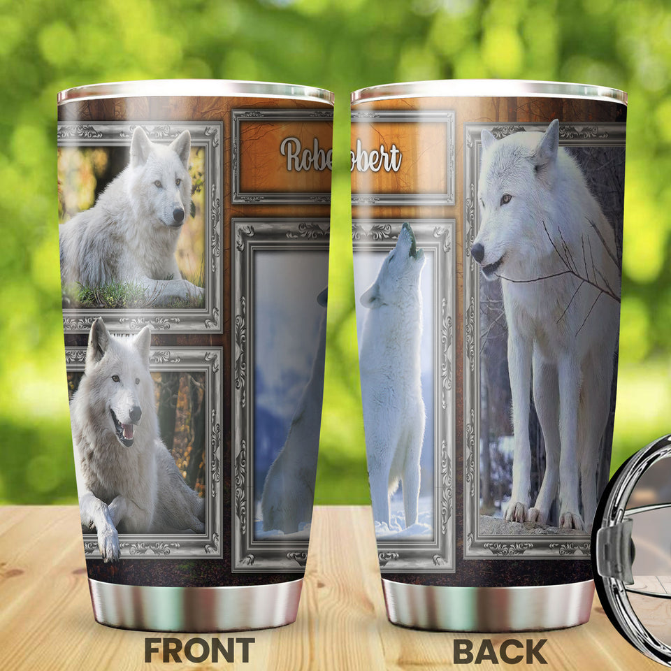 Camellia Persionalized 3D White Wolf Picture Stainless Steel Tumbler - Customized Double - Walled Insulation Travel Thermal Cup With Lid Gift For Wolf Lover