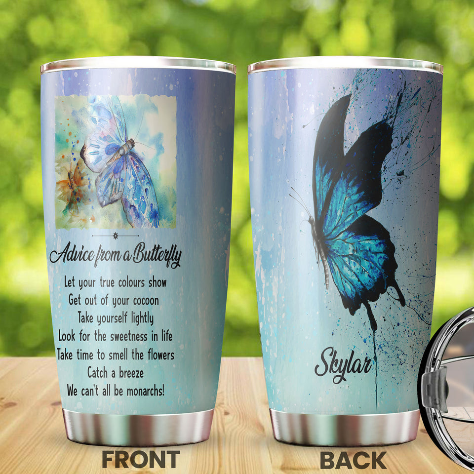 Camellia Personalized Butterfly Advice Take Time To Smell Flowers Stainless Steel Tumbler - Double-Walled Insulation Vacumm Flask - For Thanksgiving, Memorial Day, Christians, Christmas Gift
