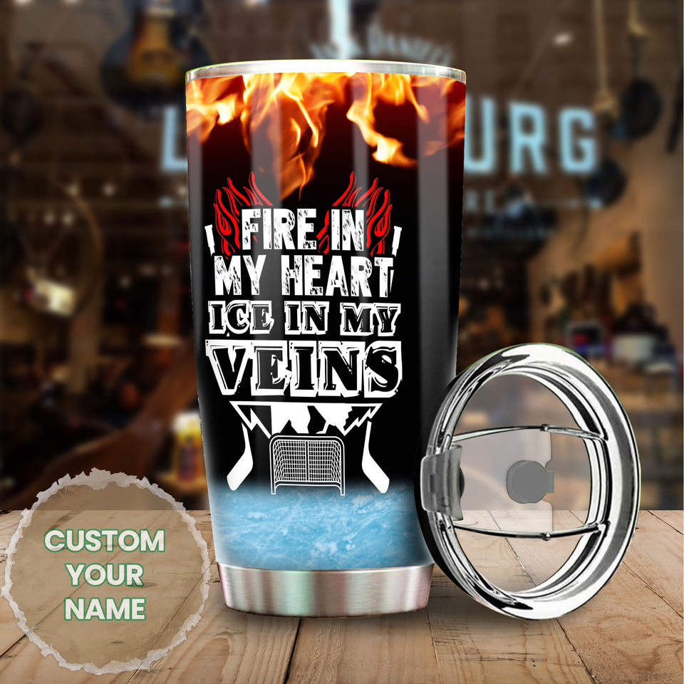 Camellia Personalized Hockey Fire In My Heart Ice In My Veins Stainless Steel Tumbler-Double-Walled Insulation  Cup With Lid Gift For Hockey Player