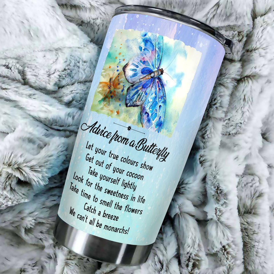 Camellia Personalized Butterfly Advice Take Time To Smell Flowers Stainless Steel Tumbler - Double-Walled Insulation Vacumm Flask - For Thanksgiving, Memorial Day, Christians, Christmas Gift