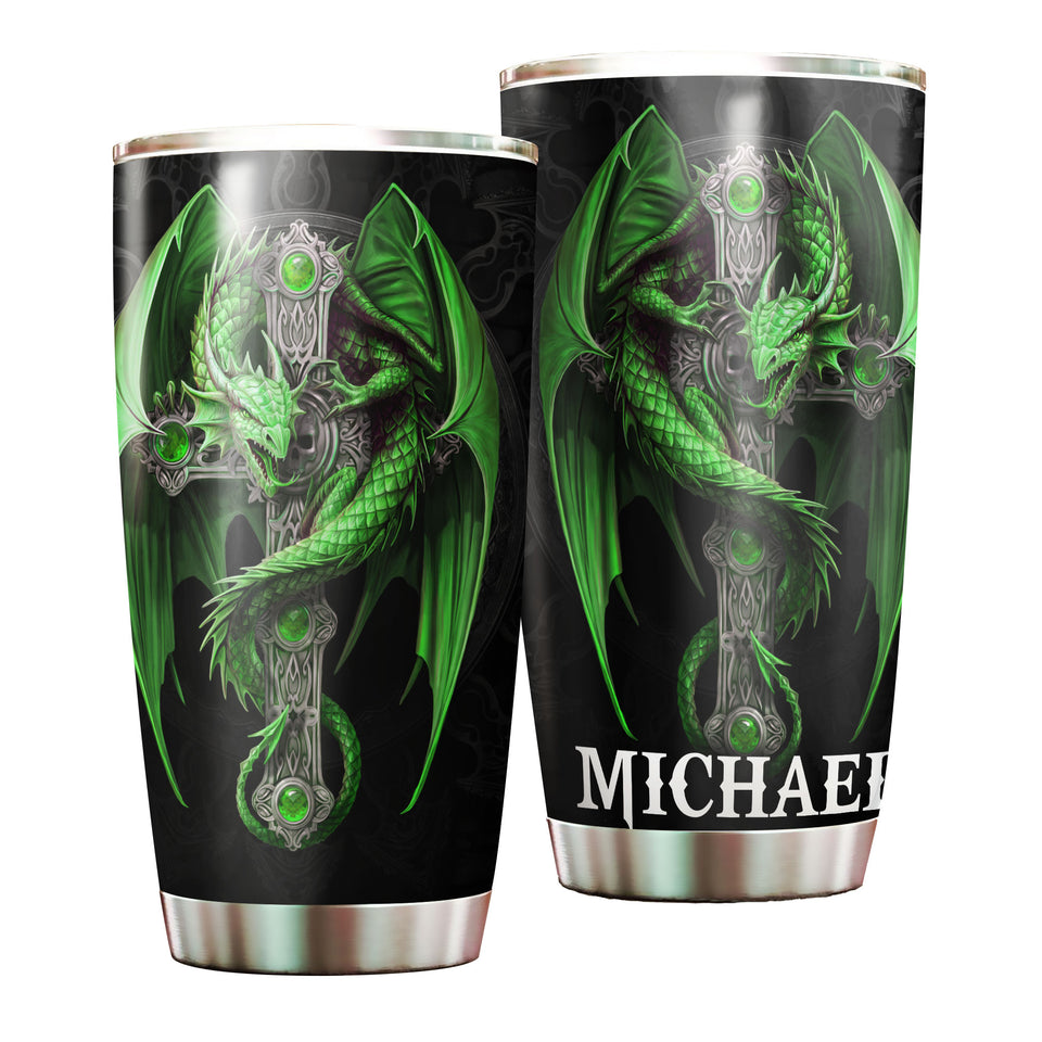 Camellia Personalized Green Dragon Cross Stainless Steel Tumbler - Customized Double-Walled Insulation Travel Thermal Cup With Lid Gift For Christian