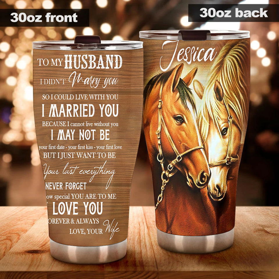 Camellia Personalized Horse Wife To Husband Stainless Steel Tumbler - Double-Walled Insulation Vacumm Flask - Gift For Horse Lovers, Cowgirls, Cowboys, Perfect Christmas, Thanksgiving Gift