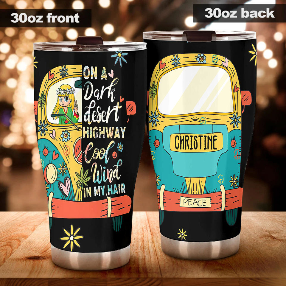 Camellia Personalized Hippie Girl In The Dark Desert Highway Cool wind In My Hair Stainless Steel Tumbler-Sweat-Proof Double Wall Travel Cup With Lid Gift For Hippie Girl