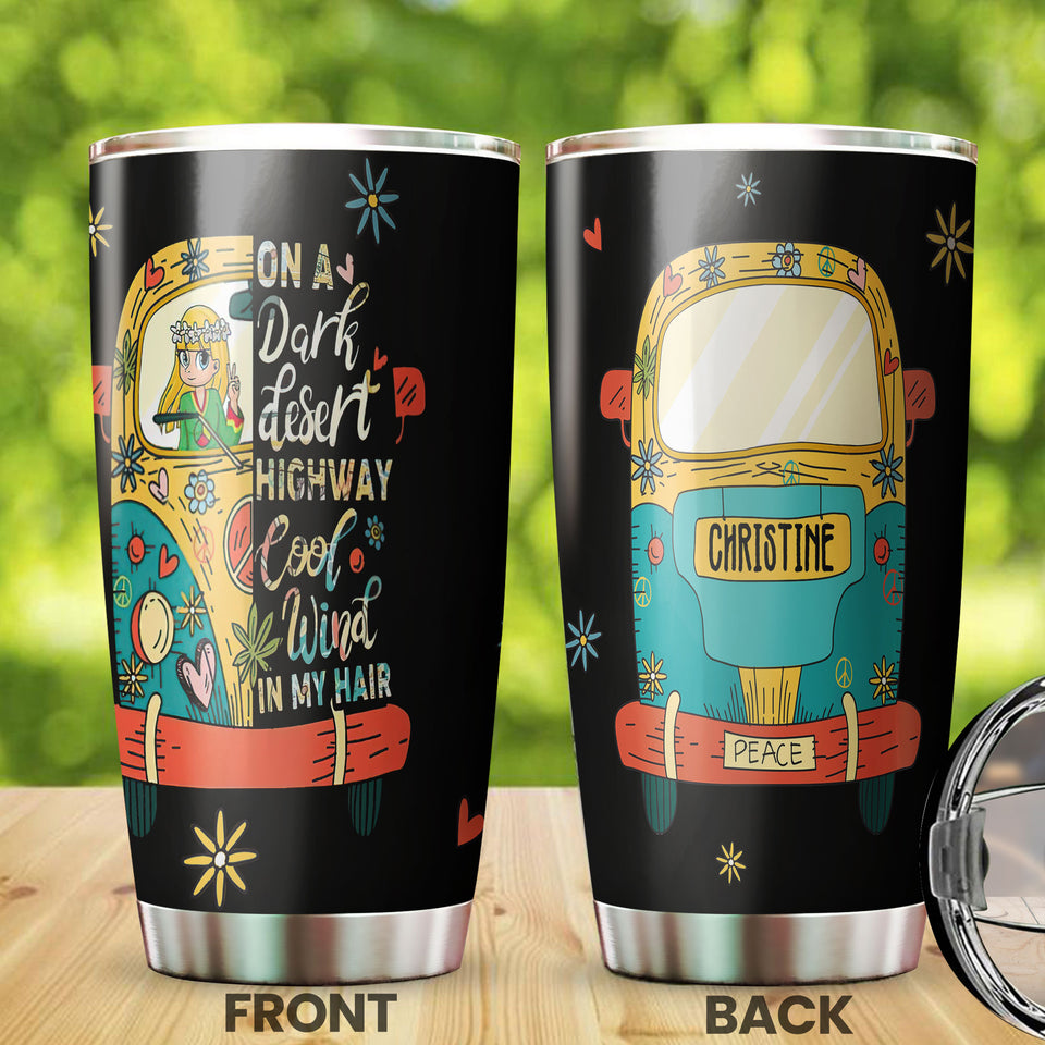 Camellia Personalized Hippie Girl In The Dark Desert Highway Cool wind In My Hair Stainless Steel Tumbler-Sweat-Proof Double Wall Travel Cup With Lid Gift For Hippie Girl