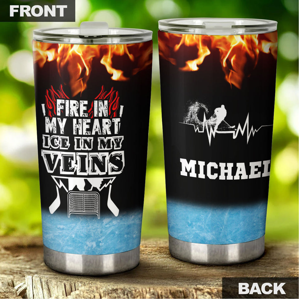 Camellia Personalized Hockey Fire In My Heart Ice In My Veins Stainless Steel Tumbler-Double-Walled Insulation  Cup With Lid Gift For Hockey Player