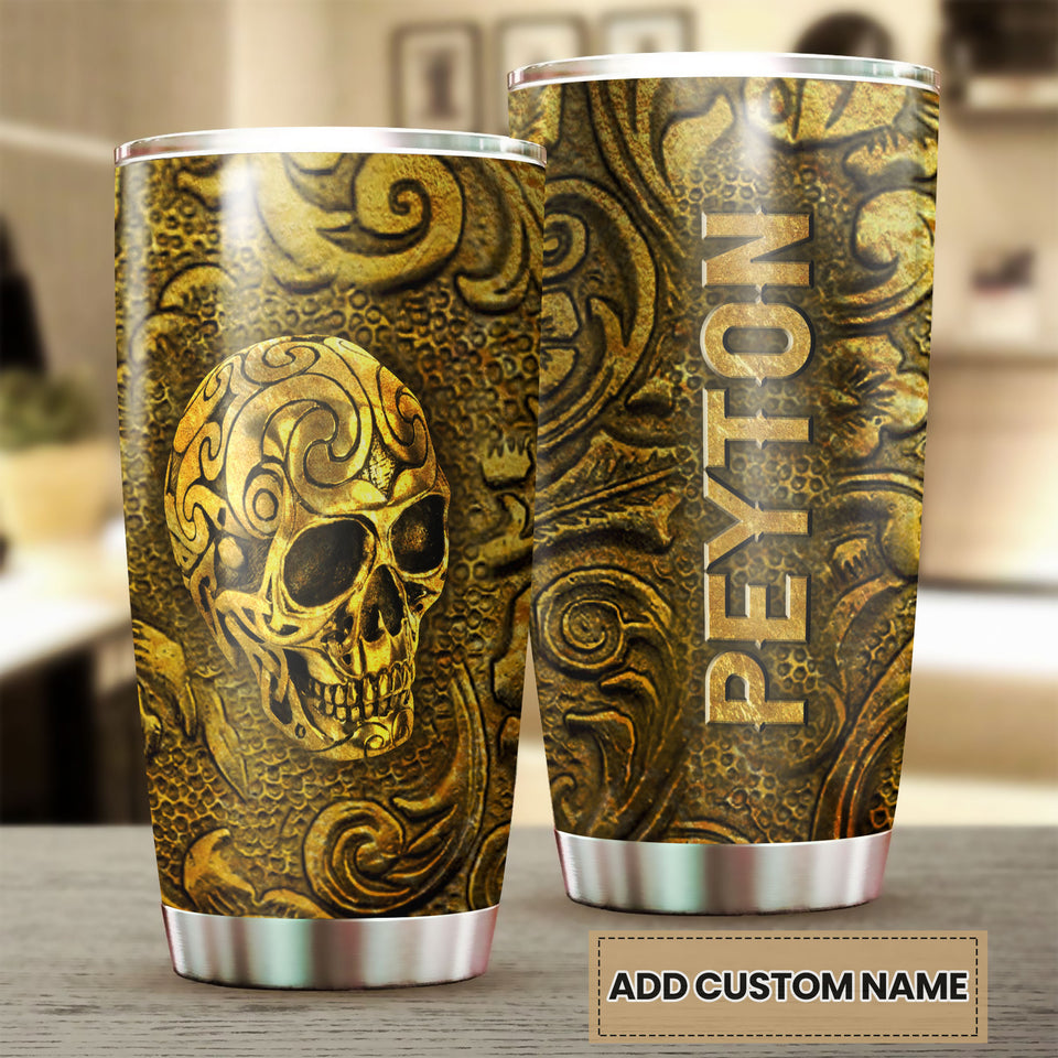 Camellia Personalized Golden Skull Stainless Steel Tumbler - Customized Double-Walled Insulation Travel Thermal Cup With Lid