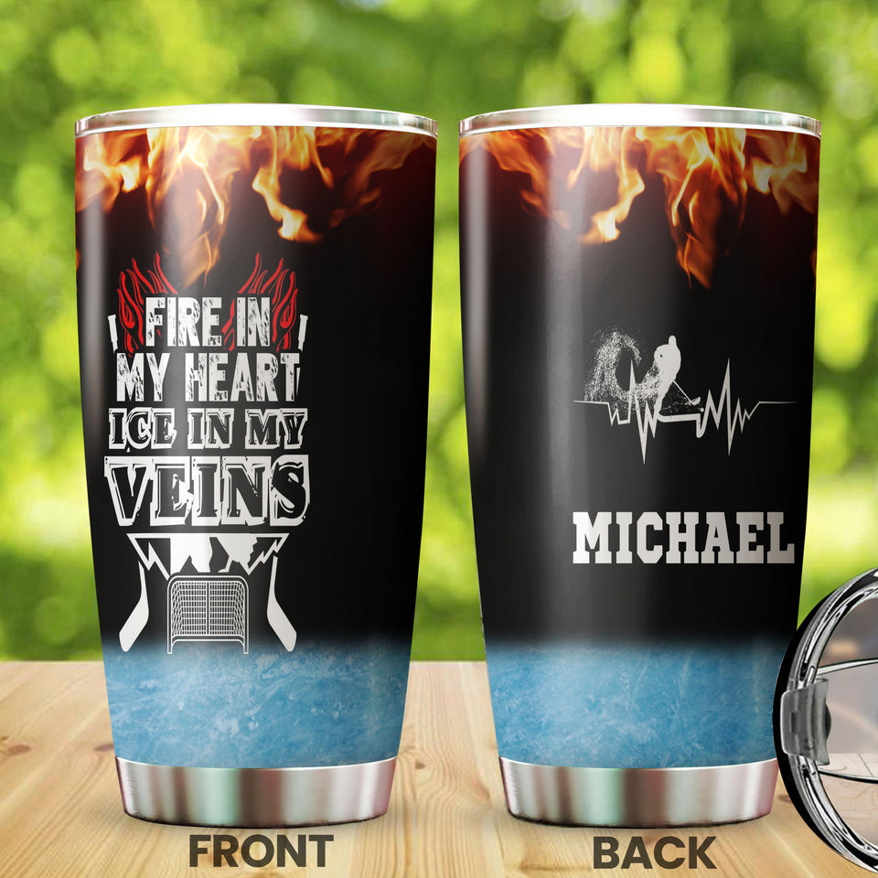 Camellia Personalized Hockey Fire In My Heart Ice In My Veins Stainless Steel Tumbler-Double-Walled Insulation  Cup With Lid Gift For Hockey Player